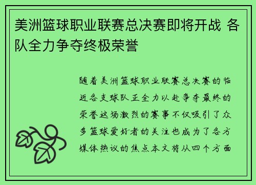 美洲篮球职业联赛总决赛即将开战 各队全力争夺终极荣誉