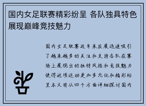 国内女足联赛精彩纷呈 各队独具特色展现巅峰竞技魅力