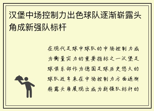 汉堡中场控制力出色球队逐渐崭露头角成新强队标杆