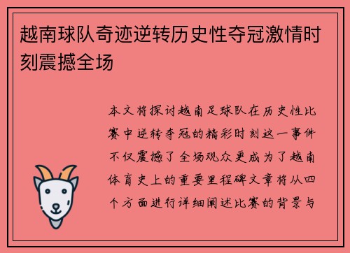 越南球队奇迹逆转历史性夺冠激情时刻震撼全场
