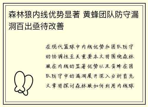 森林狼内线优势显著 黄蜂团队防守漏洞百出亟待改善