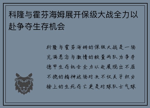 科隆与霍芬海姆展开保级大战全力以赴争夺生存机会