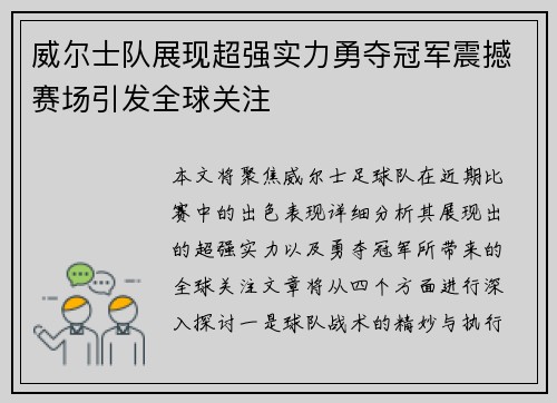 威尔士队展现超强实力勇夺冠军震撼赛场引发全球关注