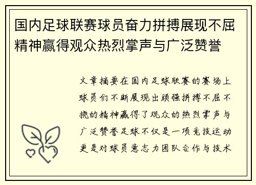 国内足球联赛球员奋力拼搏展现不屈精神赢得观众热烈掌声与广泛赞誉