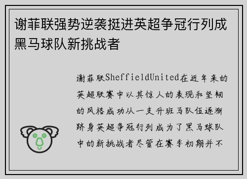 谢菲联强势逆袭挺进英超争冠行列成黑马球队新挑战者