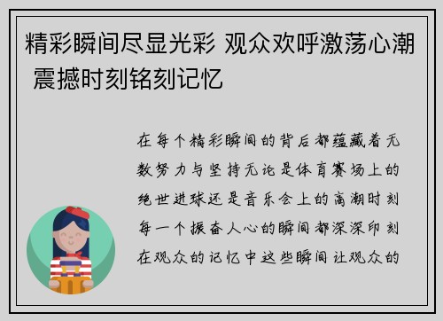 精彩瞬间尽显光彩 观众欢呼激荡心潮 震撼时刻铭刻记忆