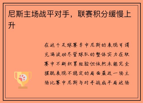 尼斯主场战平对手，联赛积分缓慢上升