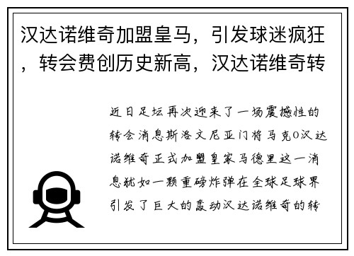 汉达诺维奇加盟皇马，引发球迷疯狂，转会费创历史新高，汉达诺维奇转会国米