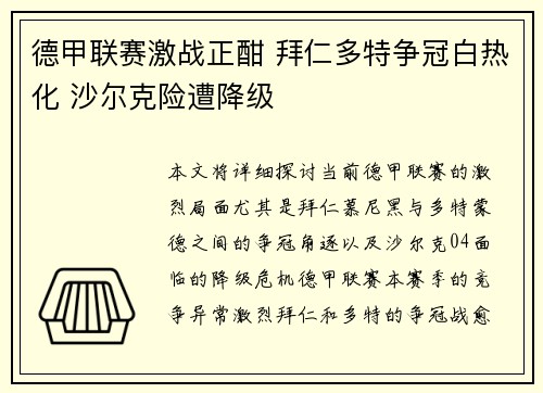 德甲联赛激战正酣 拜仁多特争冠白热化 沙尔克险遭降级