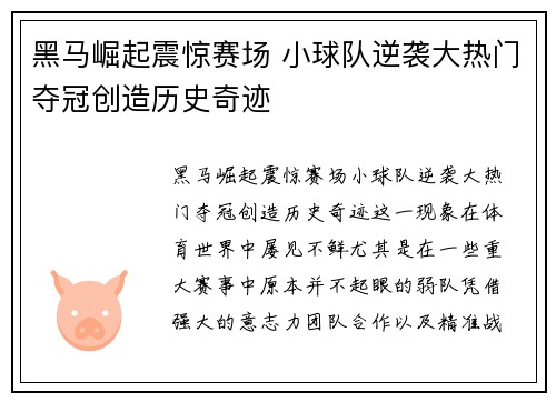 黑马崛起震惊赛场 小球队逆袭大热门夺冠创造历史奇迹
