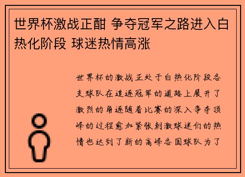 世界杯激战正酣 争夺冠军之路进入白热化阶段 球迷热情高涨